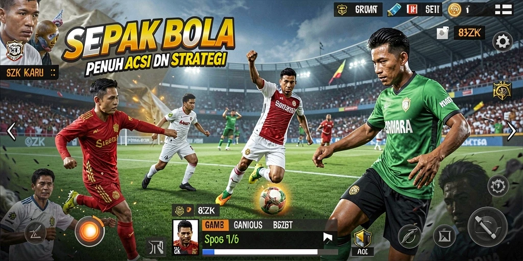 Screenshot utama 8ZK menampilkan pemain sepak bola dalam aksi di lapangan.
