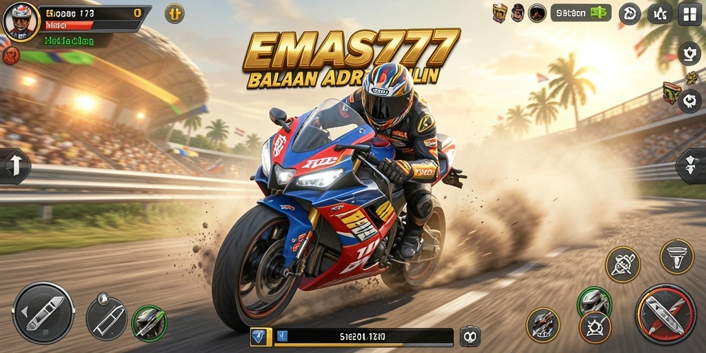 Screenshot EMAS777 menampilkan aksi balapan motor yang menegangkan di trek.