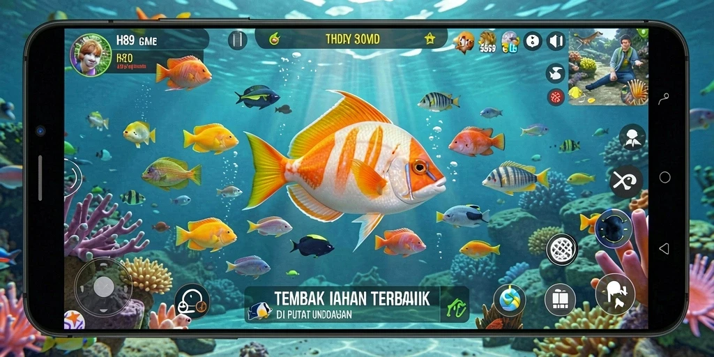 Screenshot H89 menunjukkan gameplay seru saat menembak ikan.