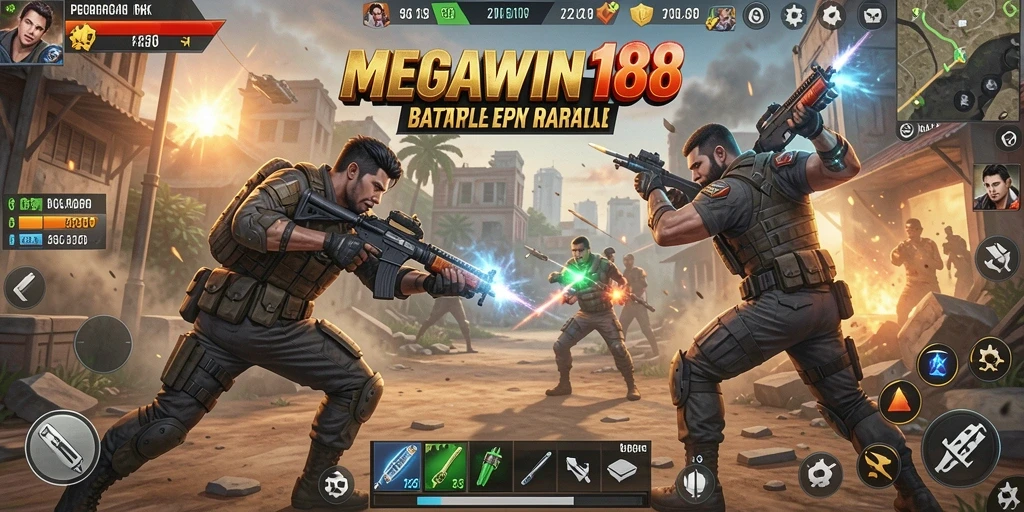 Screenshot gameplay MEGAWIN188 yang mendebarkan dalam pertempuran Battle Royale.