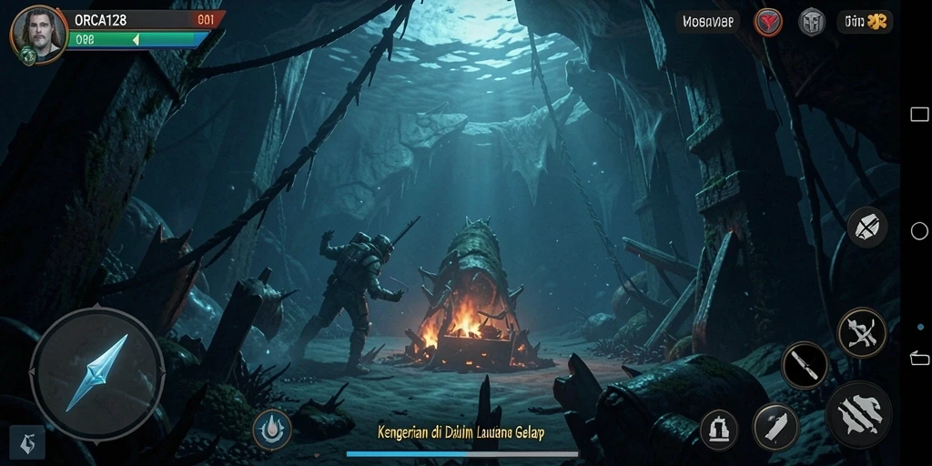 Tangkapan layar gameplay ORCA128 menampilkan suasana yang mencekam dan menakutkan.
