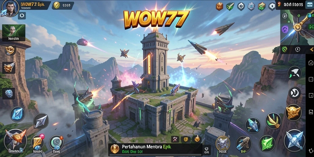 Tampilan gameplay WOW77 menampilkan pertempuran menara yang mendebarkan.